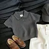 Ropa Infantil Estilo Coreano 2026 Verano Nuevo Elegante Cuello Polo Bordado Amarillo Tejido de Punto Manga Corta Casual Pantalones Rectos