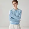 Suéter de cachemir 100% puro de estilo sencillo para mujer, cuello polo, manga larga, prenda base de punto, suéter de otoño/invierno de alta gama y elegante