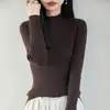 Camiseta básica de tricô de algodão 100% puro de alta qualidade estilo francês para mulheres, novo suéter gola semimang alta 2026, caimento justo, suéter quente para camada interna
