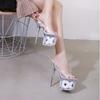 Sapatos transparentes de cristal plus size salto agulha plataforma à prova d'água bico de peixe sandálias florais salto alto modelo sapatos de dança atacado transfronteiriço