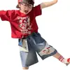 Conjunto de Niños Estilo Coreano 2026 Verano Nuevo Estampado de Mickey de Niños Manga Corta Pantalones Cortos de Mezclilla Sueltos Ropa para Niños