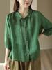 Camisa de Verano Retro de Ramio 2025 para Mujer, Camisa Literaria Bordada con Solapa, Top Delgado Estilo Commuting