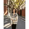 Cardigan de Tricô Jacquard Retrô de Alta Qualidade Estilo Coreano Gola Redonda Feminino Outono Inverno de Botão Único Amplo Casaco Suéter Fair Isle