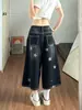 Jeans retro americanos desgastados con estampado de estrellas para mujer, nuevos pantalones de verano de cintura alta, adelgazantes, de pierna ancha, cropped