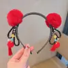Adereço de Cabeça com Franja Vermelha de Ano Novo para Crianças Faixa de Cabelo Trança Peruca Estilo Antigo Chinês Aro de Cabelo Bola de Cabelo Grampo de Cabelo