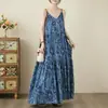Senhora da Praia Sanya Férias à Beira-Mar Costas Nuas Azul Vestido de Praia Alça Fina Vestido Floral Feminino Verão Emagrecedor Longo