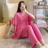 Pijama de Algodón Seda para Mujer Verano Delgado Manga Corta Talla Grande Holgado Traje Conjunto Primavera y Otoño Rayón Estampado Ropa para el Hogar