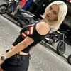 Camiseta Curta Ombro a Ombro Preta, Estilo Hot Girl Milênio Y2K, Design de Um Ombro com Estampa, Modelagem Justa, Cordão, para Mulheres