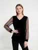 Camisa de Veludo Patchwork Quente para Venda no Comércio Exterior da Amazon para Mulheres com Mangas Transparentes de Lantejoulas, Top Elegante e Versátil