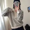 Nuevo Suéter de Punto para Mujer con Cuello en V Otoño Solapa Bloque de Color Rayado Holgado Pulóver Cuello Polo