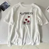 Camiseta de Algodão com Estampa de Tomate e Floco de Neve, Gola Redonda, Manga Curta para Mulheres, Estilo Novo de Verão, Solta e Versátil, Casual, Tamanho Grande