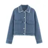 Atacado de fabricante de roupas femininas transfronteiriço 2026 Jaqueta jeans escovada estilo europeu e americano com bolsos em patch e acabamento contrastante