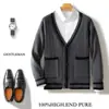 Cardigã Color Block com Bolsos Duplos 100% Lã Masculino Outono e Inverno Jaqueta Tricot Color Block Geométrica Top Solto Masculino
