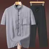 Camisa de Algodón y Lino de Manga Corta para Hombre Verano 2026, Atuendo de Papá Estilo Traje Tang, Camisa Estilo Chino para Personas Mayores, Atuendo de Verano para Abuelo
