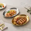 Placa Ovalada para Barbacoa de Acero Inoxidable Dorado Estilo Coreano, Bandeja para Comida Occidental, Plato para Postre y Fruta, Venta al por Mayor para Hoteles y Restaurantes
