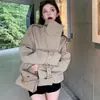 Trench coat curto cáqui de abotoamento duplo com gola alta para mulheres, outono e inverno, de alta qualidade, para baixinhas, com caimento solto, estilo coreano