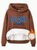 Sudadera de Otoño e Invierno para Mujer Talla Europea Transfronteriza GALIF ORNIA Estampada Bolsillo Canguro con Capucha Manga Larga con Forro Polar