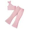 Conjunto de Dos Piezas Chaleco para Niñas Top de Hombro Asimétrico de Verano Pantalones Acampanados Sudeste Asiático Venta Caliente Transfronteriza Traje para Niños Pequeños y Medianos