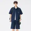 Conjunto de Dos Piezas de Camisa y Shorts de Seersucker Transpirable Bordado de Dachshund para Hombre, Camisa Casual con Cuello