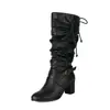 Botas de Caballero Estilo Británico Vintage con Punta Redonda, Piel Desgastada, Hebilla, Tacón Alto, Cordón, Caña Fruncida, Botas Altas para Mujer