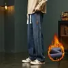 Jeans para hombre gruesos, cálidos para otoño e invierno, forrados de polar, corte recto holgado, pantalones largos casuales de pierna ancha estilo retro americano