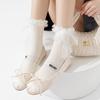 Botas e Meias de Algodão para Mulheres, Meias Felpudas Estilo Ballet Primavera e Outono, Meias de Algodão Doces para Meninas com Renda e Laço Lolita Outono e Inverno