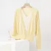 Cárdigan de punto de seda de morera y lana sintética de dos piezas simuladas para la temporada de primavera, transpirable, agradable para la piel, versátil, prenda exterior de bloques de color, suéter casual