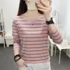 Ropa de Primavera y Otoño Cubre Vientre Top de Algodón Camiseta de Manga Larga para Mujer Holgada Talla Grande Rayas Ropa de Otoño Camiseta Base Fina Interior