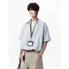 Camisa de Solapa Falsa de Dos Piezas Manga Corta para Hombre Verano Holgada Rayas Bloque de Color Versátil Moderna Casual Top Pulóver de Media Manga