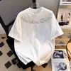 Camiseta Pesada Manga Curta com Contas Estilo Chinês para Homens e Mulheres, Top Casual Solto da Moda de Verão com Gola Redonda
