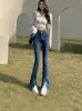 Jeans retro preto com barra bootcut dividido para mulheres, novo modelo verão 2026, cintura alta, versátil, modelador, comprimento total, levemente flare
