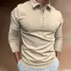 Nova Camisa Polo Casual Masculina de Outono 2023, Comércio Exterior, Estampa 3D, Cor Sólida, Zíper, Manga Longa