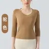 Camiseta de Manga Media con Cuello en V y Hombro Normal, Top de Yoga para Mujer, Corte Ajustado, Camiseta Básica Versátil, Ropa Deportiva para Pilates, Fitness