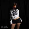 Camiseta de Manga Larga Y2K para Mujer, Textura de Gofre, Estampado de Calavera, Estilo Dulce y Genial de Chica Picante, Subcultura, Corte Ajustado, Top de Moda