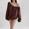 Sudadera de Manga Larga con Hombro Descubierto, Cordón y Cordones, Estilo Perezoso, Top Holgado de Terciopelo para Mujer, Otoño