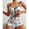 Amazon Aliexpress Transfronteiriço Europeu e Americano Estampado em Forma de Coração Cor Contrastante Roupa de Casa Fenda Frontal Conjunto de Vestido Pijama de Alça