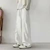 Calça casual de seda gelada de marca americana de moda de rua para homens e mulheres, outono fina fresca elástica com bom caimento solta reta casual