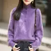 Suéter de Lana con Forro Polar y Cuello Alto Estilo Old Money Vintage para Mujer, Suéter Pulóver Casual, Top de Punto Holgado