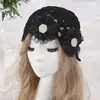 Gorro Turbante de Malla Retro Flor de Perla Hecho a Mano de Ganchillo Hueco Sombrero Bufanda de Cabeza Atmósfera Suave Fotografía