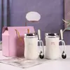 Taza de Cerámica con Tapa Cuchara Taza de Agua de Dibujos Animados Taza para el Hogar Taza de Pareja Hombre y Mujer Taza para Té de Oficina Regalo para Niña