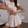 Transfronteiriço 2025 Europa e Estados Unidos rodada de verão gola redonda manga curta shorts roupas de casa femininas malha jacquard estampado conjunto de pijama atacado