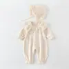2026 Mono de Salida de Primavera y Otoño para Bebé Niña Clase a Sin Costuras Cuello de Encaje Mameluco Suave Lindo para Bebé Traje de Gateo con Gorro