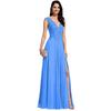 Vestido de dama de honor con cuello en V para mujer, apliques de encaje, vestido de línea A de gasa largo, vestido de comercio exterior, cintura alta, abertura, vestido adelgazante