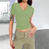 M23TP759 Roupas femininas europeias e americanas 2024 Amazon nova cor sólida decote em V slim-fit camisa de manga curta umbigo camiseta atacado