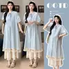 Outfits de Verão Artísticos e Únicos Lindo 2026 Nova Blusa Azul Listrada Vestido Renda Calça de Perna Larga Roupa para Gestante