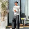 Suéter de malha listrado estilo vintage americano com gola Henley, confortável, elástico, simples, versátil e casual, manga longa para homens