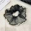 Scrunchie de Tecido Plissado com Pérolas e Malha Colorida Transparente Estilo Coreano Acessório de Cabelo de Renda Estilo Fada Francesa