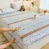 Capa de cama matelassada de gaze de algodão fofo de camada dupla, conjunto de três peças, protetor de colchão, capa de cama de peça única, fronha, floral de desenho animado