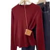 Camiseta básica de punto color verde menta para mujer, estilo coreano otoño e invierno, color liso, manga larga, top interior suave y acogedor