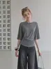 Camiseta informal holgada de manga media para mujer, color gris oscuro, cuello redondo, diseño de principios de otoño, corte ajustado